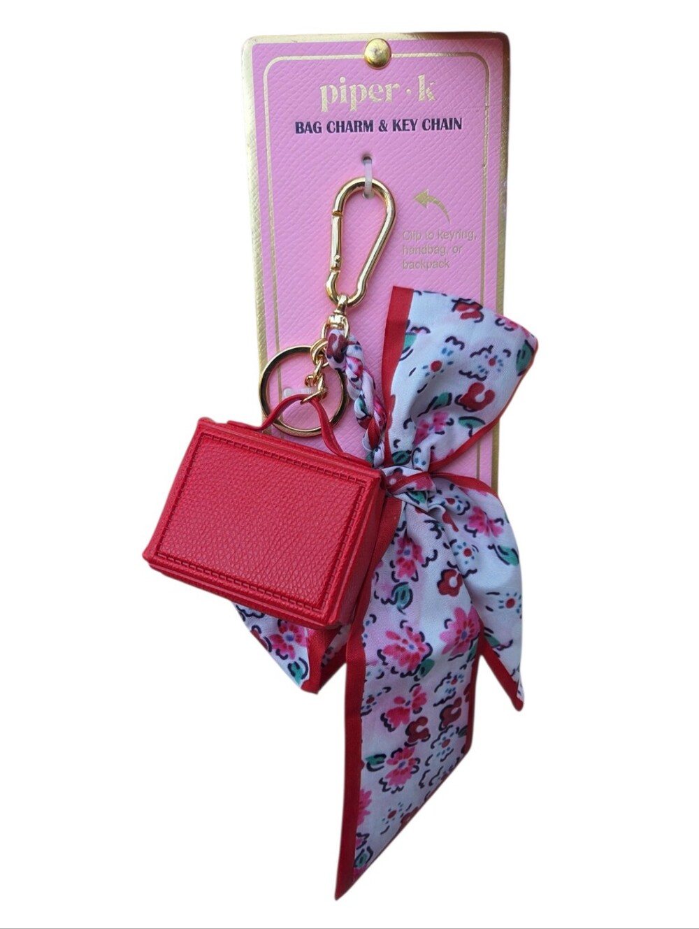 Piper K Red Mini Faux Leather Bag & Floral Satin Bow Scarf Bag Charm Keychain - Picture 2 of 4